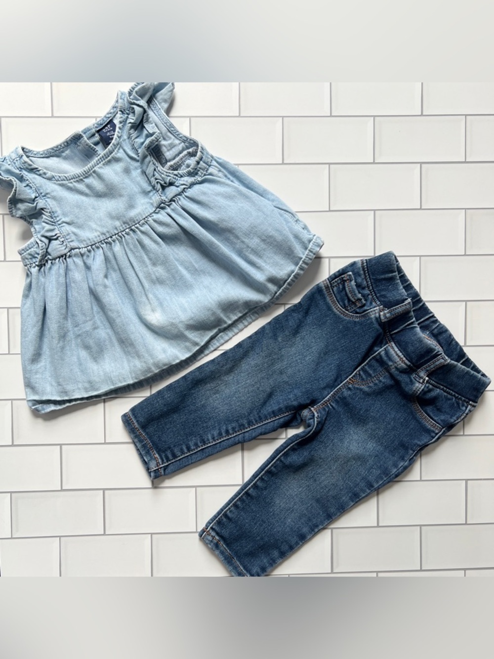 6-12M👖 GAP Denim Baby Girl Ruffle Babydoll Top & Jean Leggings Jeggings